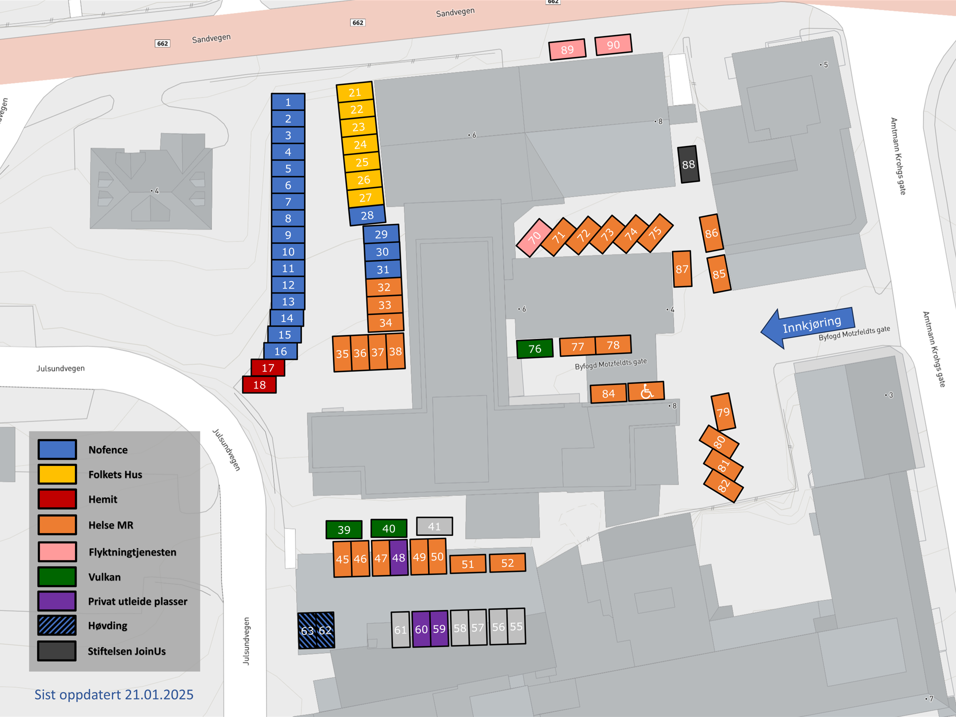 Skisse som viser reservert parkering rundt Høvdingbygget.
