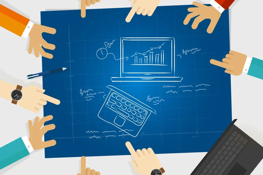 En blå tavle med skrift på og hender som peker mot midten, symboliserer samarbeid