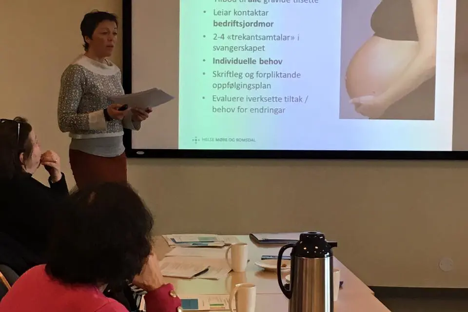 Elisabeth Sæther presenterer tilbodet som HMR har for alle gravide tilsette