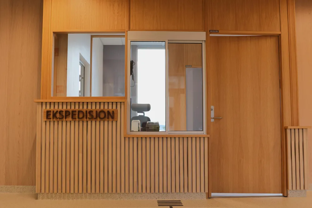 A wood door with a window