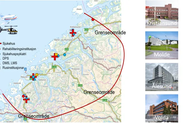 Kart med plassering av sjukehus og andre institusjonar i Helse Møre og Romsdal.