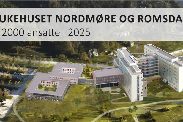 Skisse av Sjukehuset Nordmøre og Romsdal med teksten: Sjukehuset Nordmøre og Romsdal ca 2000 ansatte i 2025