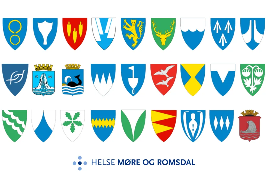 bilde av kommunevåpen til kommuner i Møre og romsdal og logo til Helse Møre og romsdal